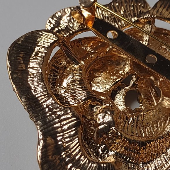 Heavy Metal Rhinestone Gold Tone Large Rose Brooch - Picture 13 of 13